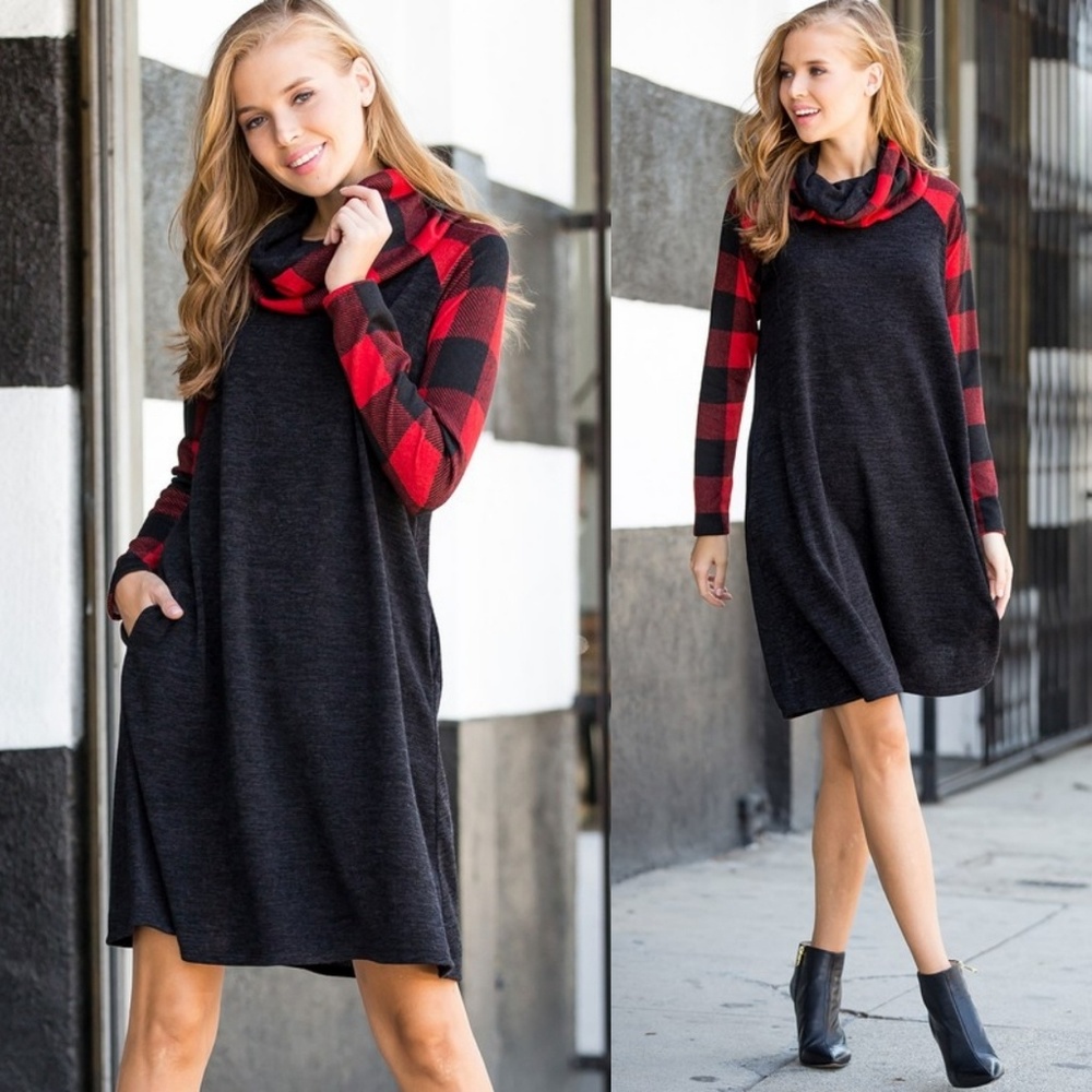 Last 2!!TIANA Red Plaid Long sleeve Knit Dress